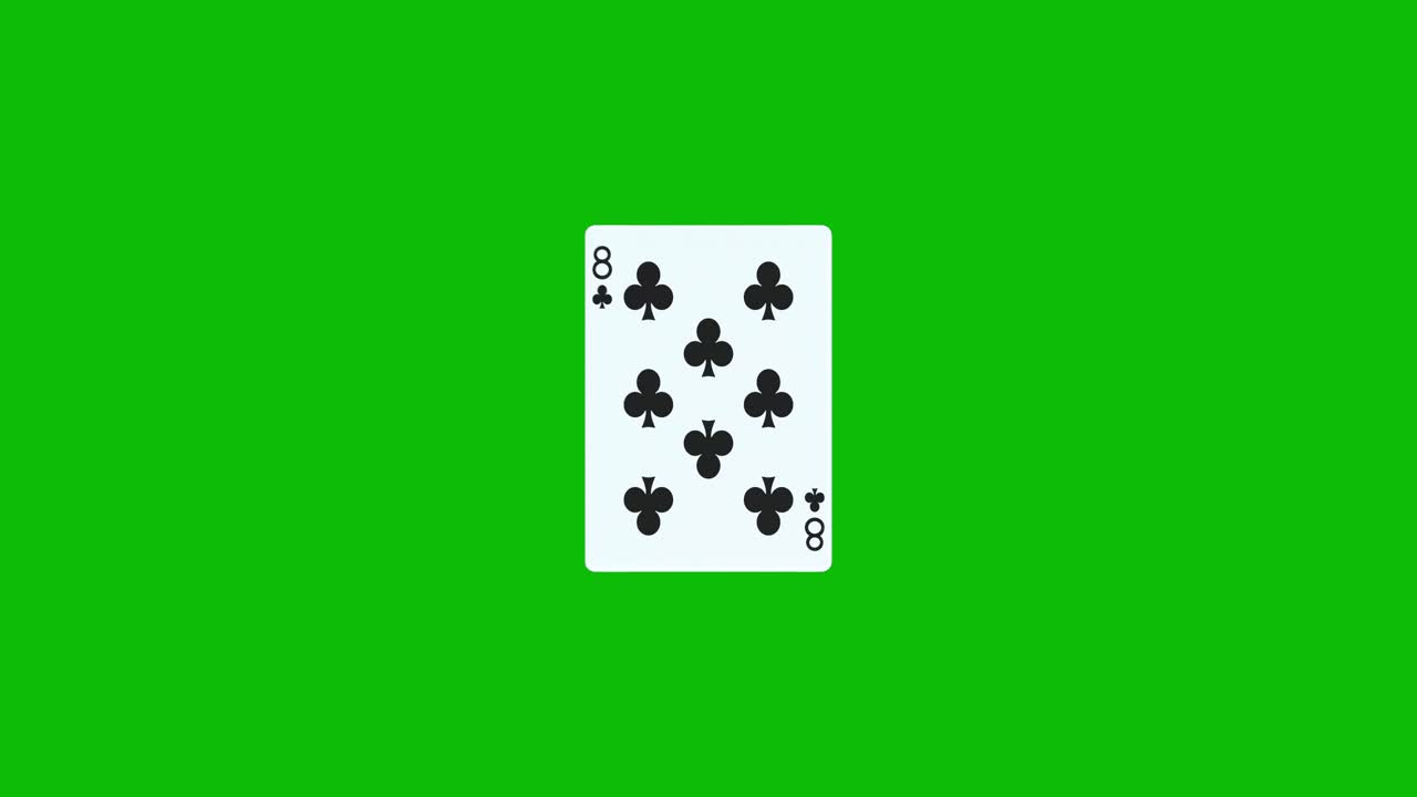 Una carta da poker con l'otto di fiori ruota e si rivela su uno schermo verde, animazione 3D. Puoi modificare la tempistica della clip per controllare l'effetto di rivelazione.