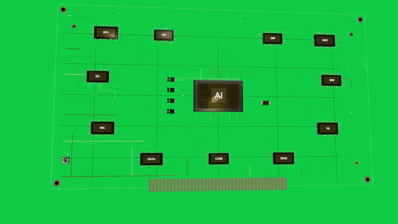 Glowing AI chip appearing drawing gold traces forming labels rotating board showing PCB transparent