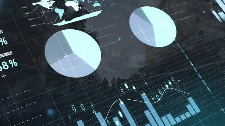 Animation of data processing, stock market and world map over people walking