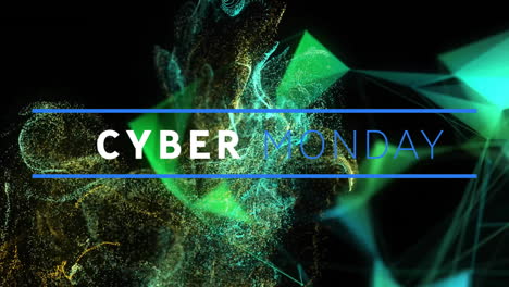 animation of cyber monday text over green glowing mesh background