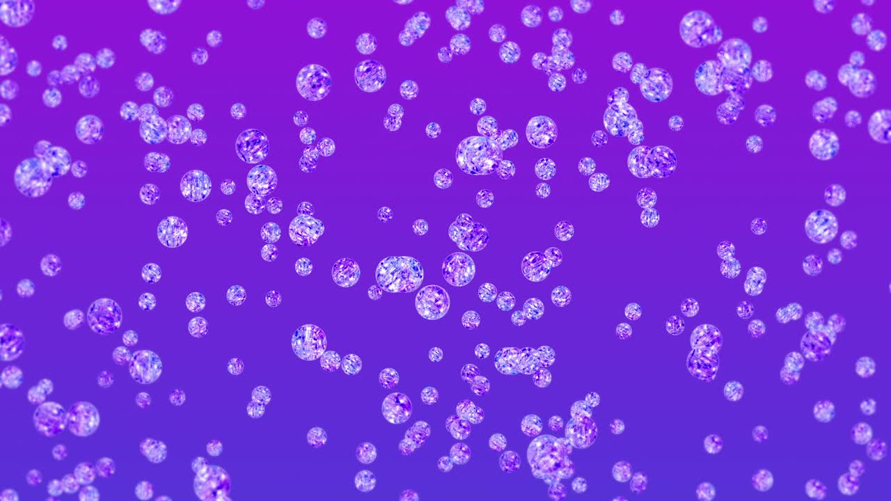 보라색 배경에 많은 은 크리스탈 구를 날아. 투명, 다채로운 유리. 반이는 공 회전의 3d 애니메이션. 루프 애니메이션.