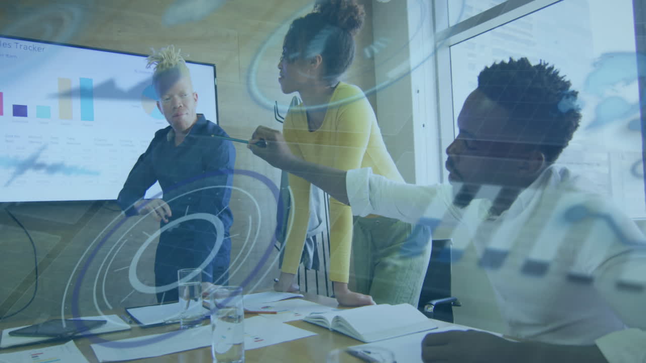 Animation of round scanner and data processing over diverse colleagues discussing together at office