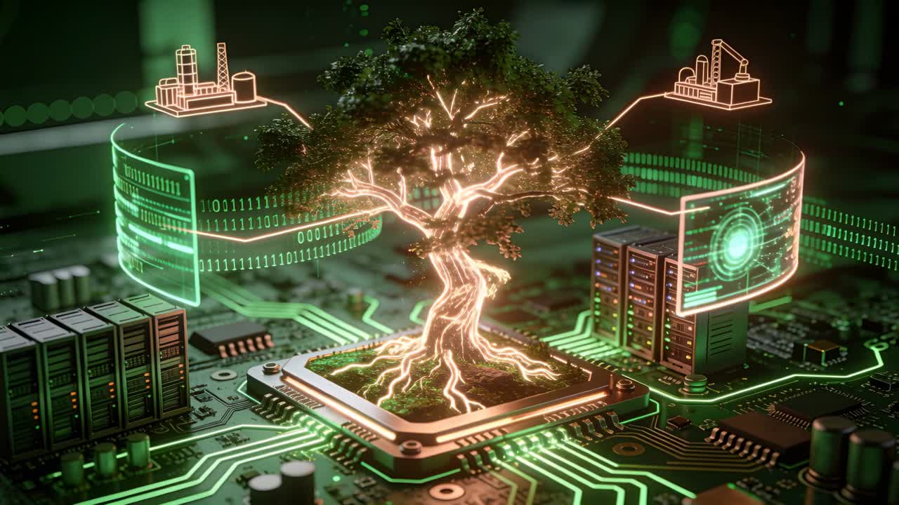 Vertical video: Receiving power pulse, tree sprouting from chip socket on board, linking holograms