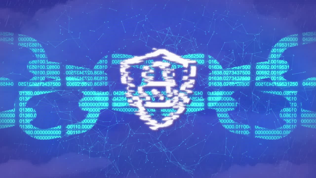 Animation of security padlock and chain icon over network of connections against blue background