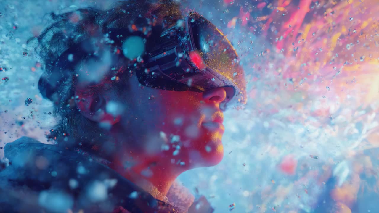 Experiencing the Future: A Journey Through Virtual Reality's Vivid Depths as a User Immerses in Transformative Digital Worlds Surrounded by Splashes of Color and Wonder
