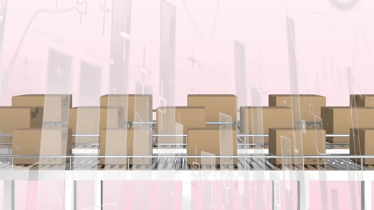 컨베이어 벨트에 있는 상자 위에서 금융 데이터 처리의 애니메이션