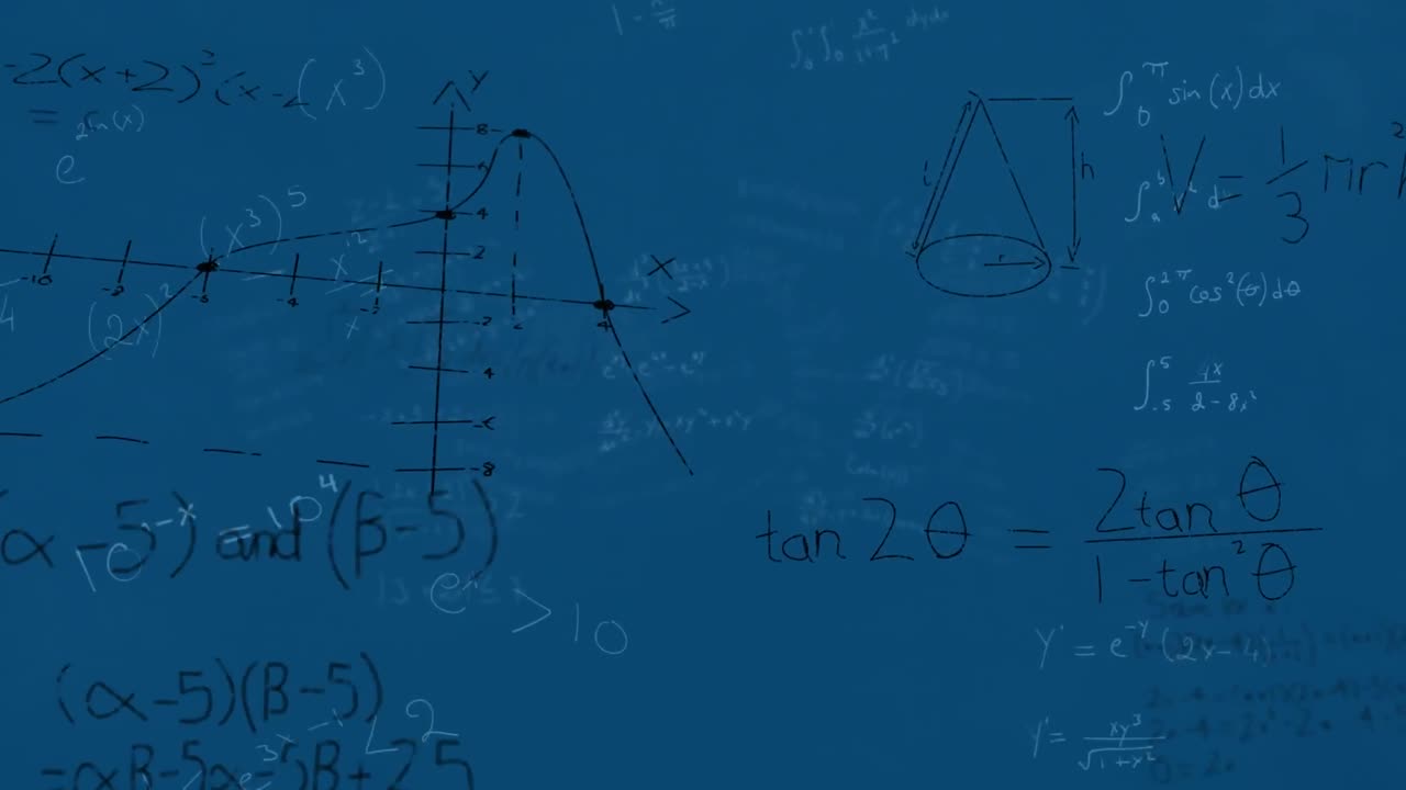 Animation of mathematical equations and diagrams floating against blue background
