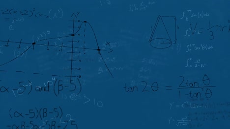 animation of mathematical equations and diagrams floating against blue background