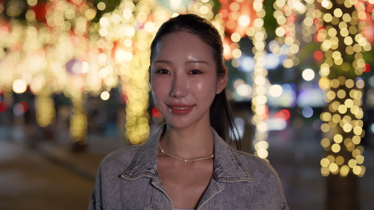 Portrait of a woman in front of city lights