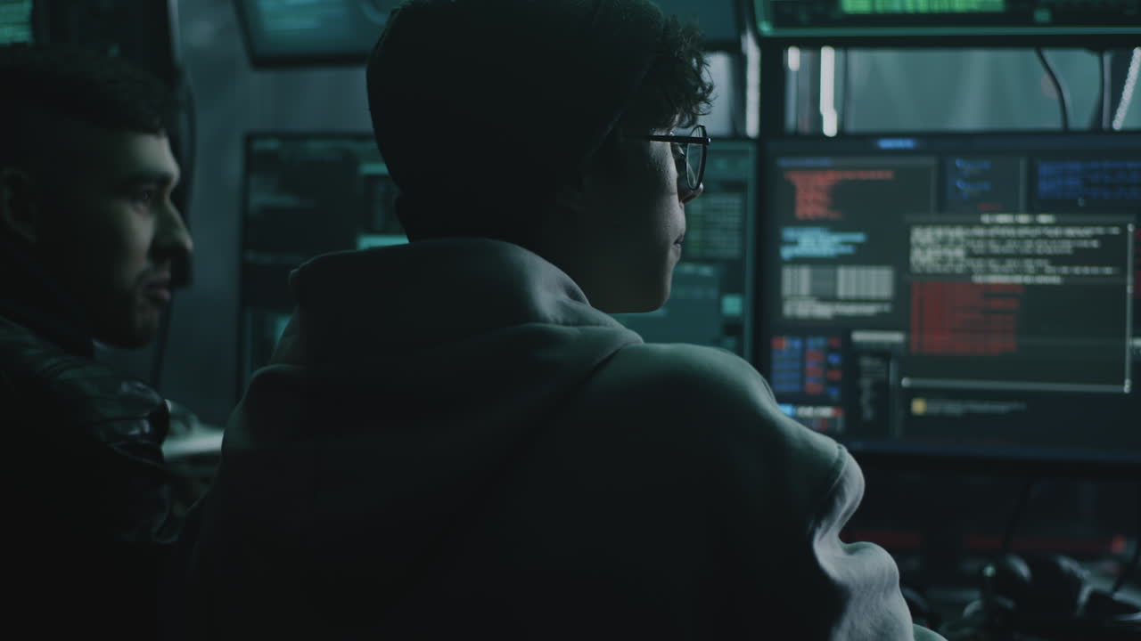 Two young people working in a dark room on computer screens