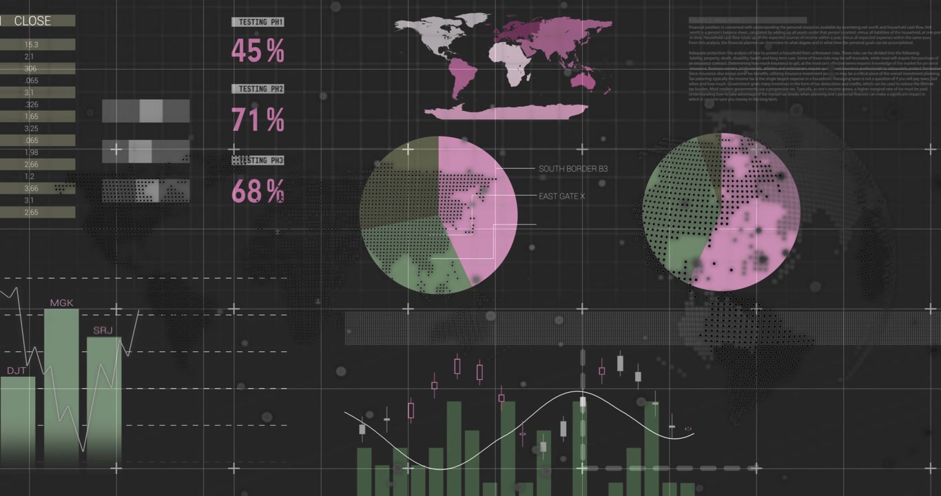 Compact table appearing dashboard animating with bar rising line varying pies growing to show data