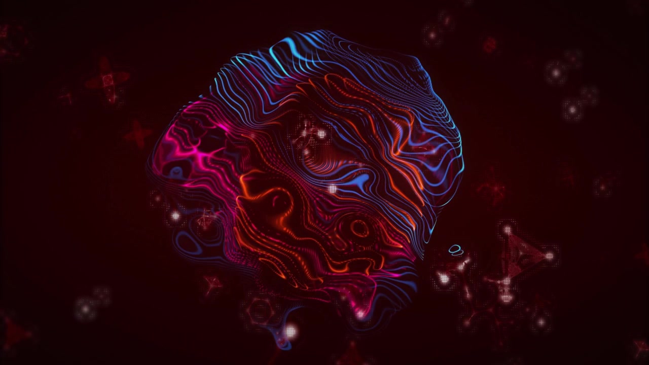 Frames starting showing rotating neon orb morphing in maroon void with shifting bands, specks