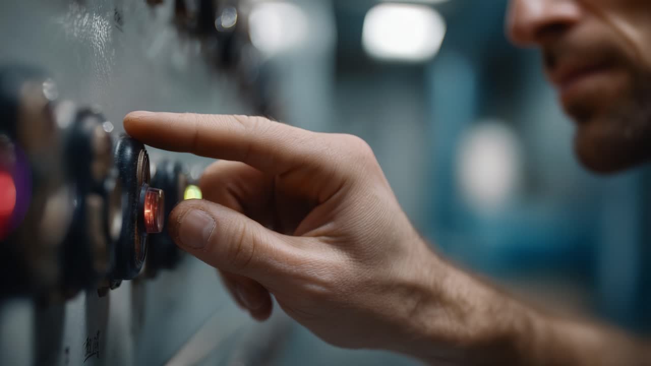 Close-Up of Hand Adjusting Control Panel Lights in a Technology Setting, Emphasizing the Interaction with Machinery and the Importance of Precise Operations