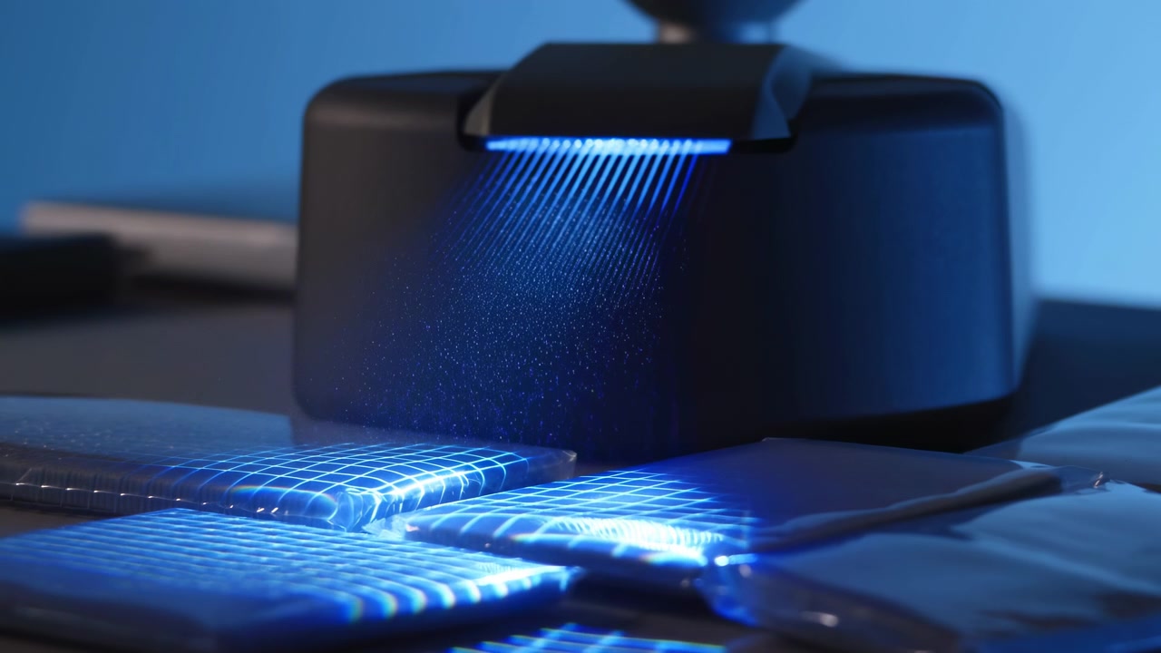 Un piccolo dispositivo nero emette una luce blu brillante su una pila di documenti su una scrivania in un ambiente di lavoro interno poco illuminato, suggerendo ispezione, scansione o elaborazione dati