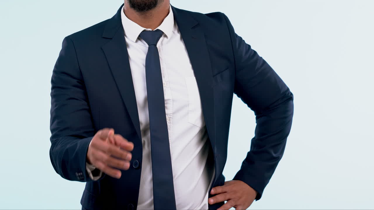 negocios, señalando con la mano y el hombre en el estudio para usted