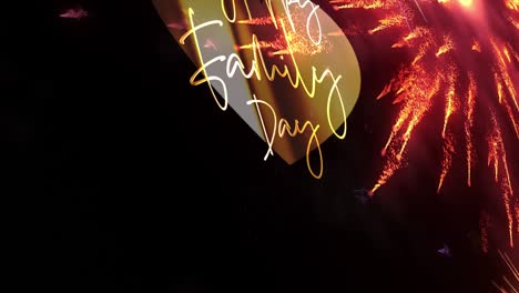 4k 3d happy family day gold text with heart and fireworks particle motion graphic effect on black background. beautiful family day greeting footage with calligraphy gold text word and gold fireworks.