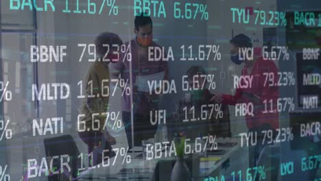 Animación-Del-Procesamiento-De-Datos-Del-Mercado-De-Valores-Sobre-Diversos-Colegas-Que-Usan-Máscaras-Faciales-Discutiendo