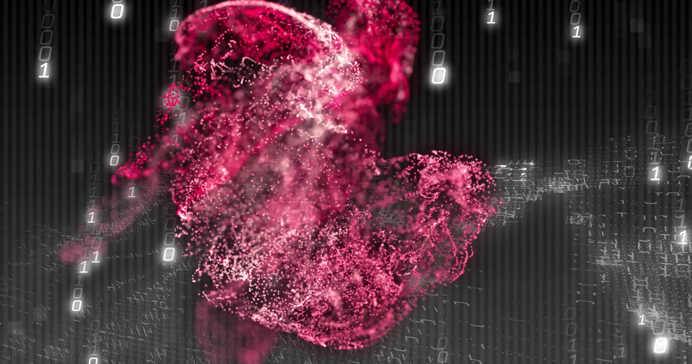 Red-white particle cloud materializing, pulsing and expanding to visualize data flow