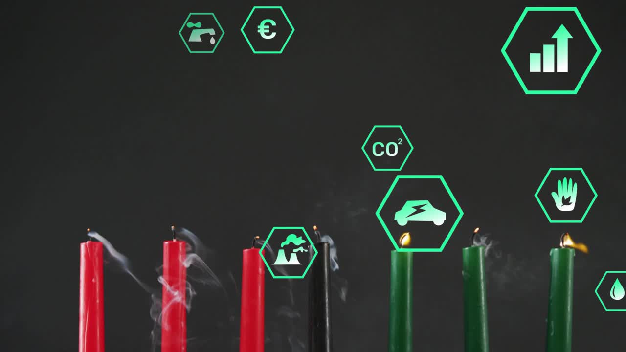 7 candles burning initiating CO2, car icons pulsing showing emission reduction before extinguishing
