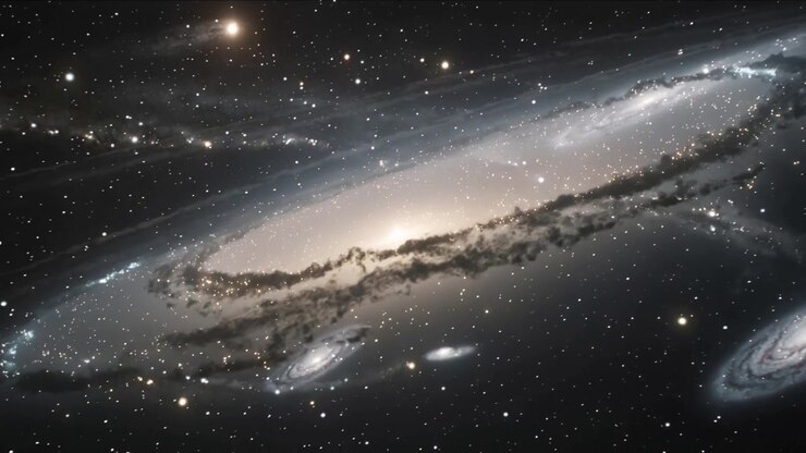 Telecamera che panoramica e zooma su una grande galassia a spirale inclinata nello spazio, rivelando una fascia di polvere e galassie compagne.