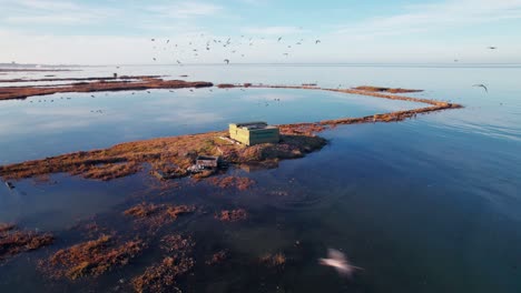 A-surreal-watery-landscape-with-a-single-building-and-birds-flying-past