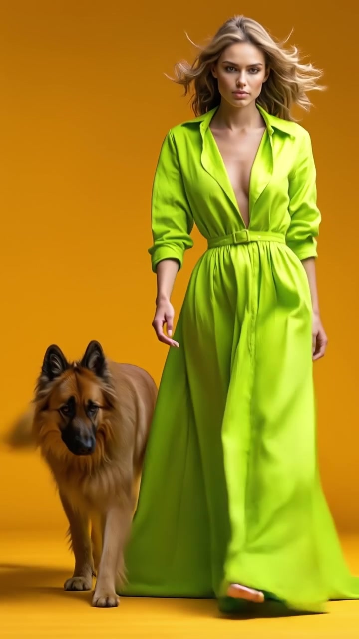 Donna elegante in un abito verde brillante in piedi all'aperto con un grande pastore tedesco.