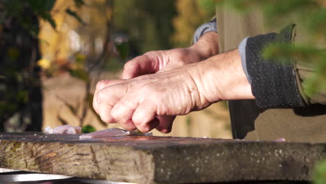 slow motion of man preparing fresh fish food outdoors