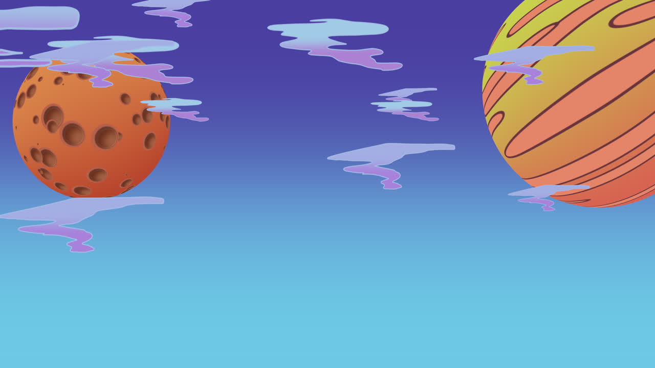 grandes planetas y nubes de dibujos animados en el cielo azul