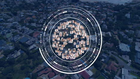 animation of scope with photos and data processing over cityscape