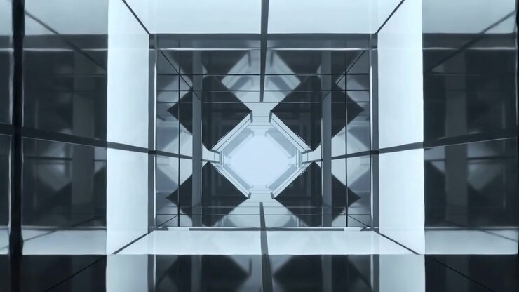 Moving camera entering mirror shaft to bright aperture, revealing square frames and diamond core