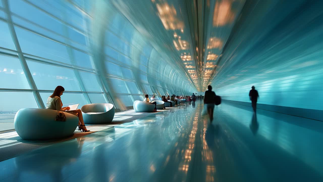 A Busy Airport Terminal with a Modern Design Showcasing Travelers Relaxing and Moving Through an Expansive Space Bathed in Natural Light and Stylish Architecture