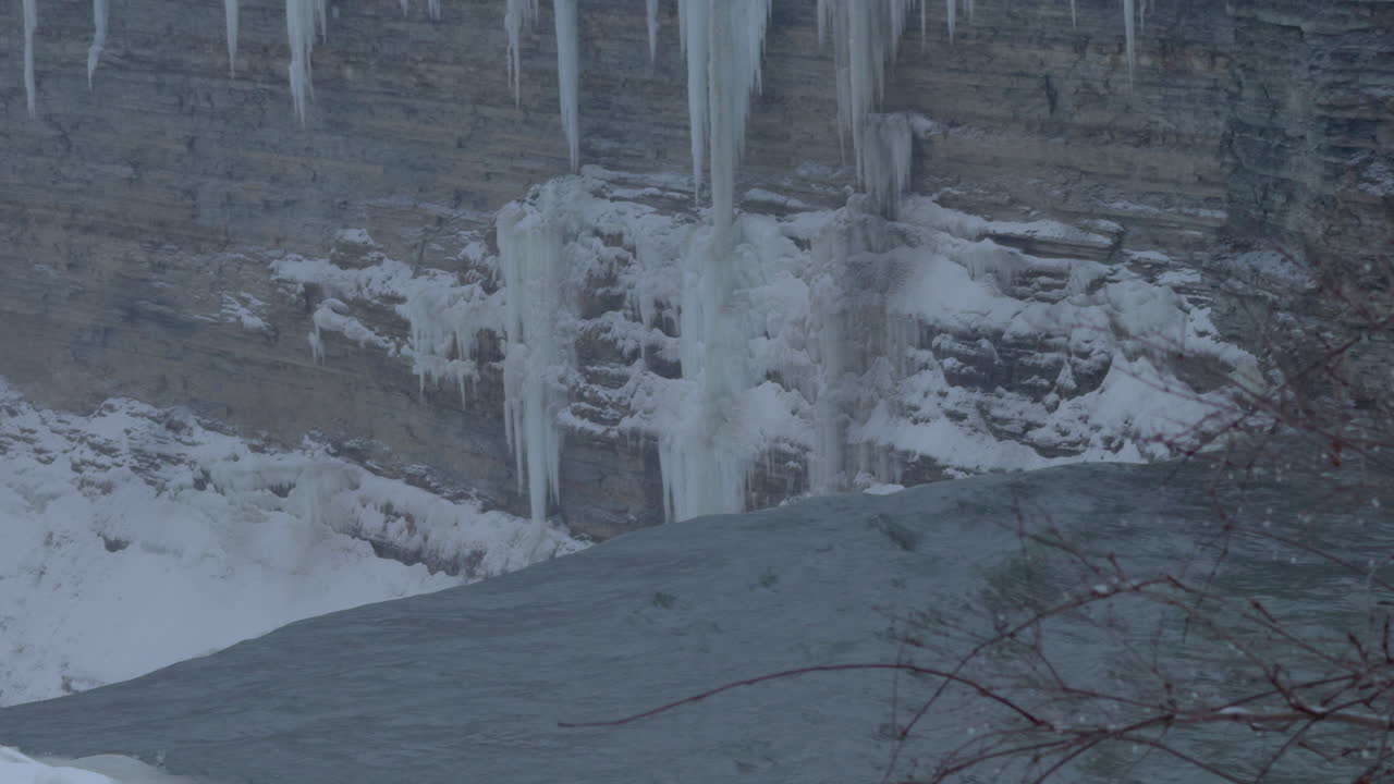 Frozen waterfall on river stream