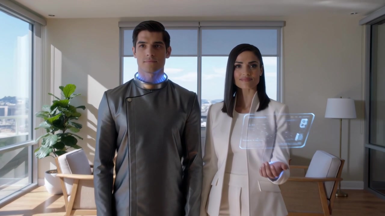 Donna in tailleur bianco che si alza e presenta un'interfaccia utente olografica in un appartamento illuminato dal sole, uomo con giacca metallica che attiva il collare.