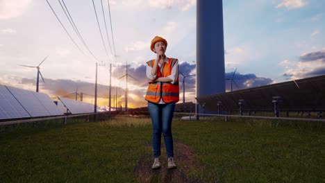 full body of asian female engineer with safety helmet thinking and looking around then raising her index finger with solar panel and wind turbines