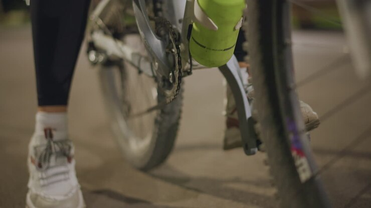 Caratteristiche di illuminazione per biciclette Night Rider, portaborraccia illuminato per bicicletta con accessori di notte, scena del parco che mostra una borraccia illuminata per bicicletta attaccata al telaio con accessori