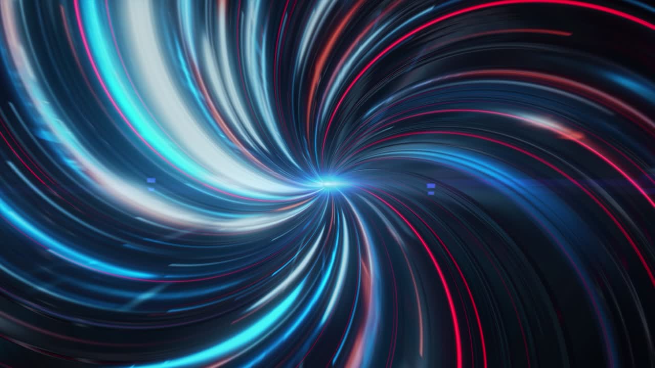 Colored spiral with light point in center. Animation. Bright colored spiral unwinds and creates immersive effect. Beautiful spiral of many curved lines