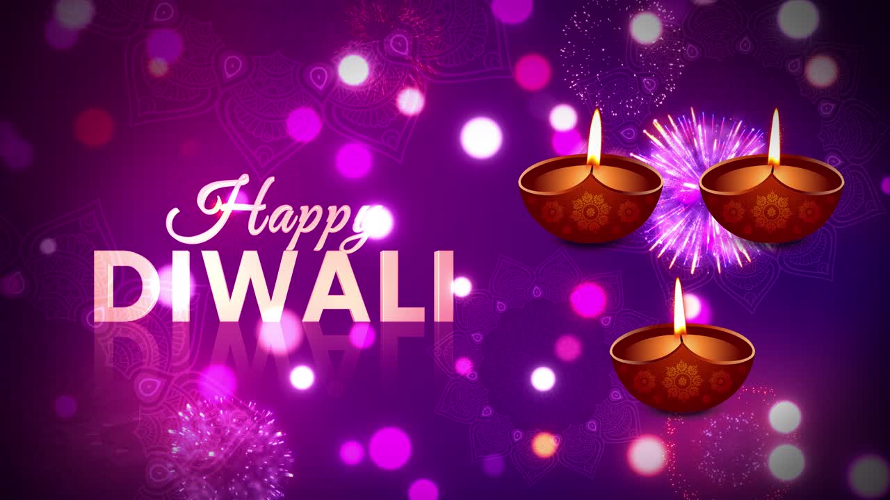 Happy diwali indian festival of lights with luminous flower rangoli and fireworks background