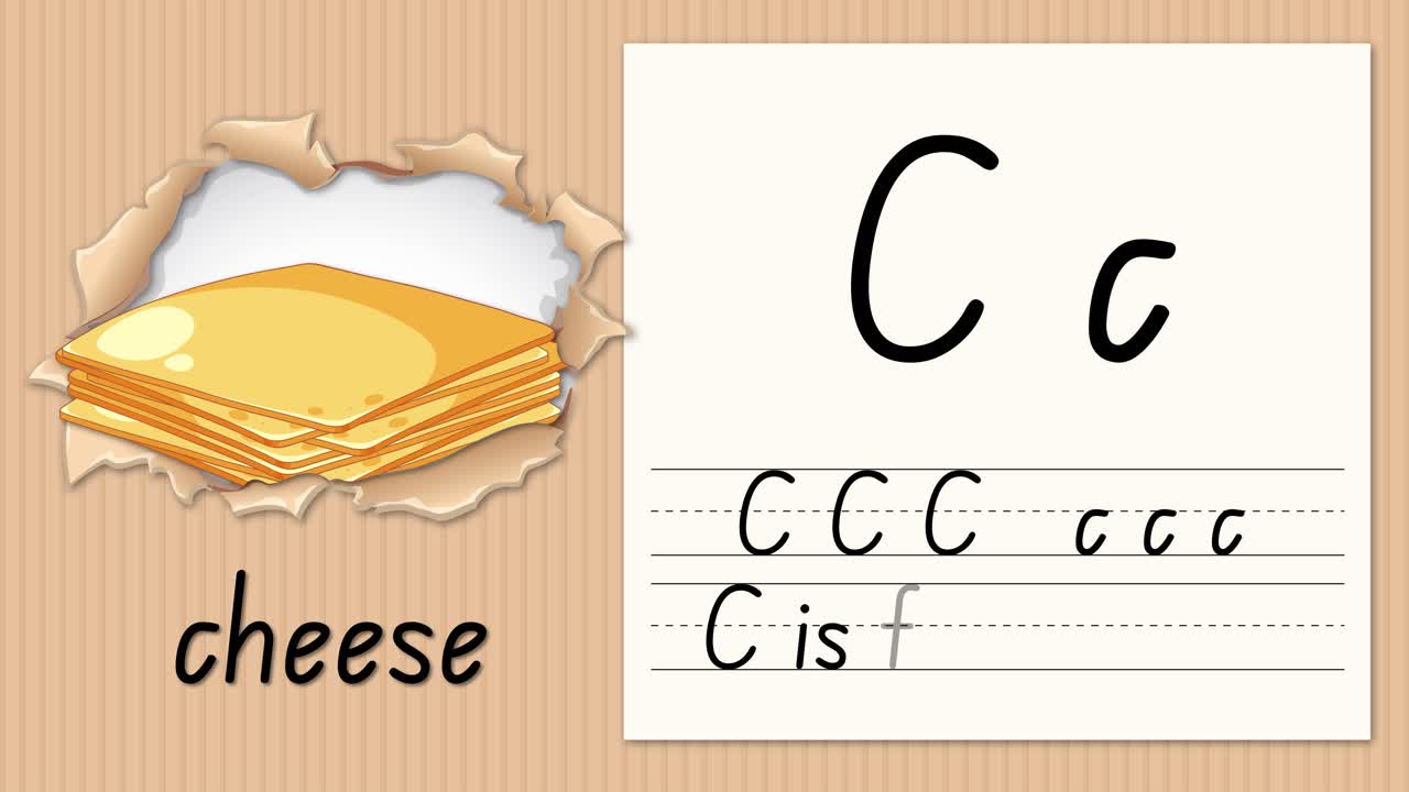 Pratica di scrittura animata per la lettera C accanto a una pila di fette di formaggio giallo.