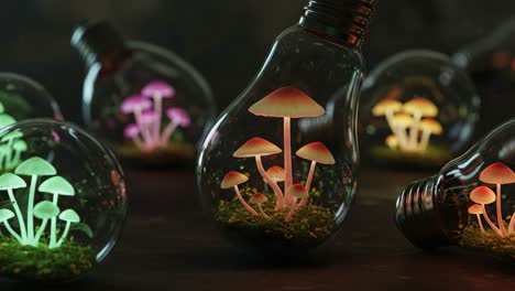 illuminated mushrooms in light bulbs: a magical display of bioluminescent fungi captured in stunning detail, blending nature with imagination