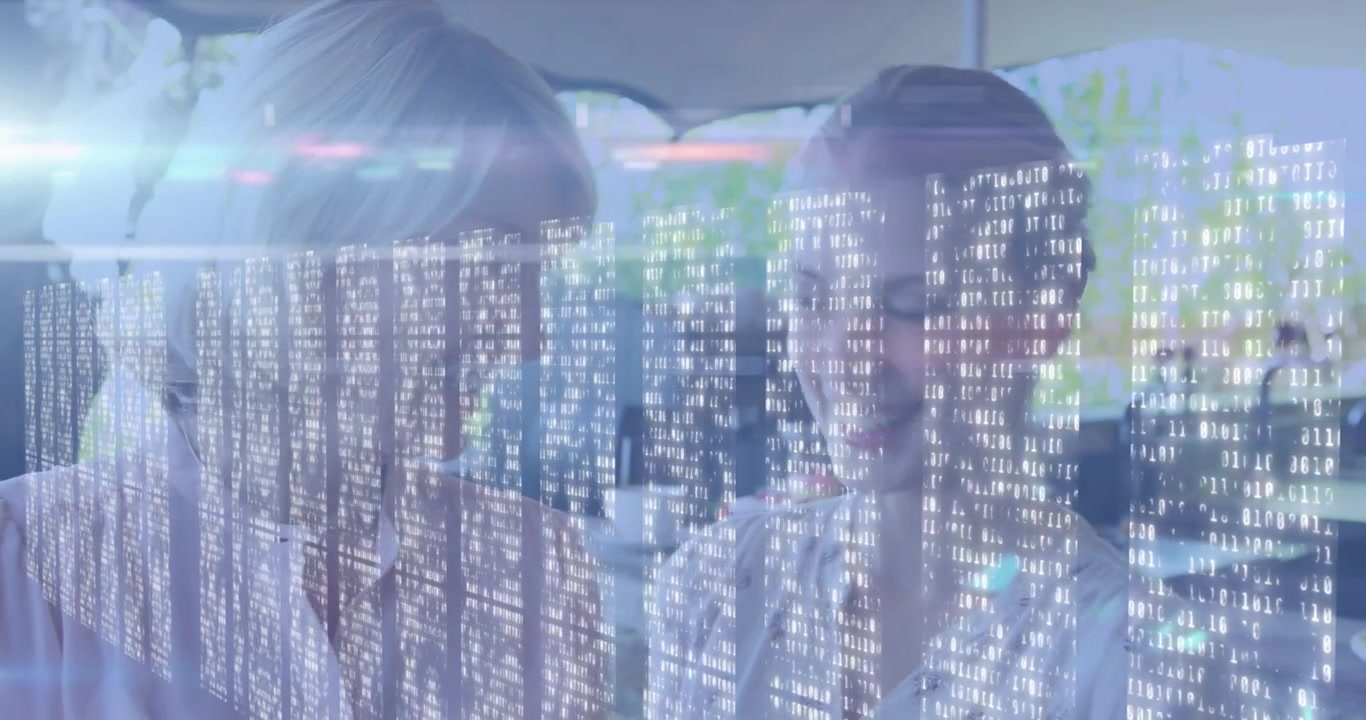 Animation of light spots over caucasian women paying with smartphone