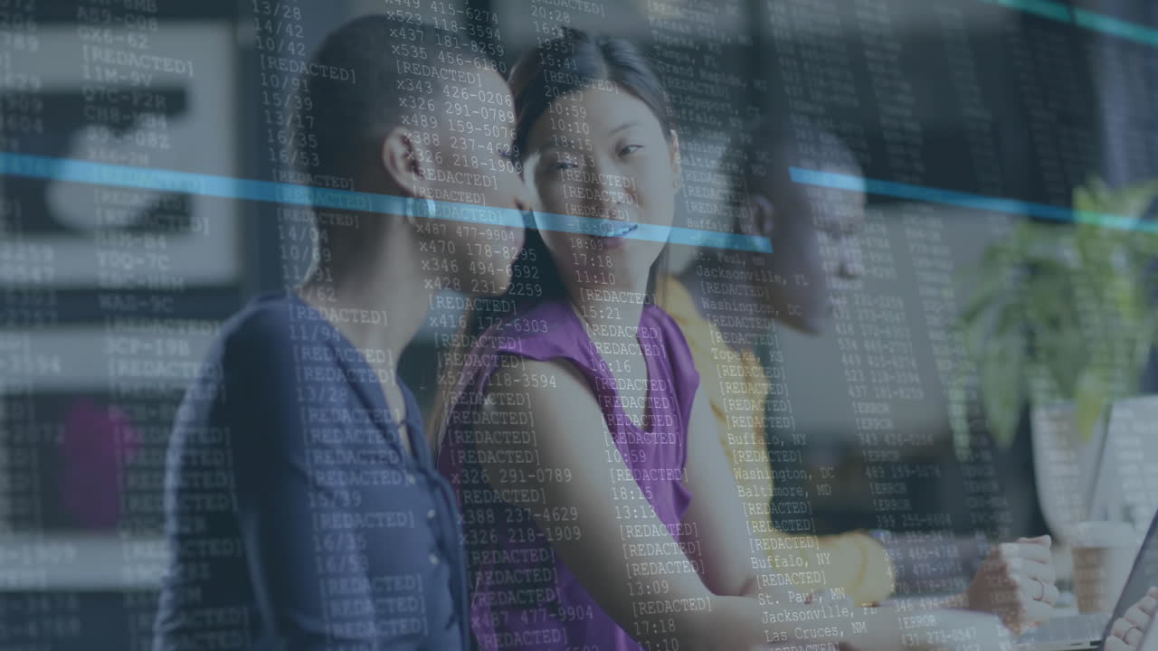 Animation of financial data processing over diverse businesspeople working in office