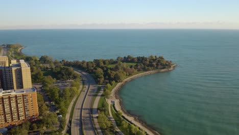 cinematic establishing shot of promontory point on chicago's south side in late summer