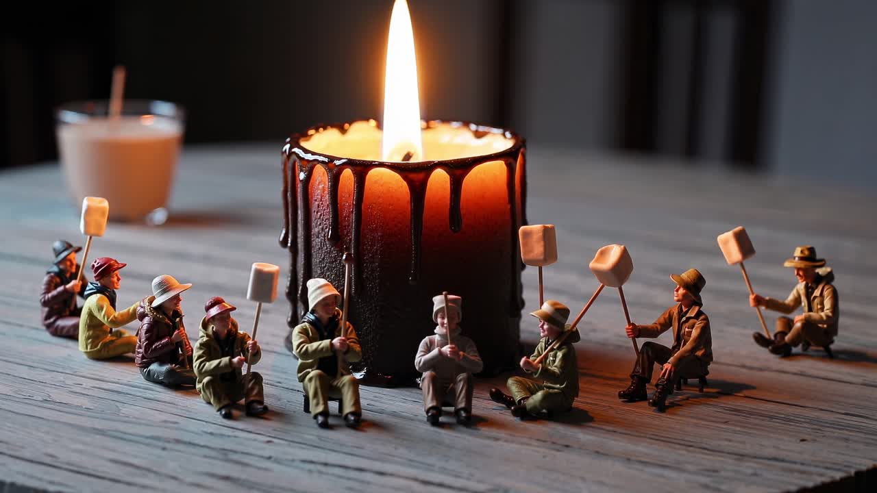 campistas en miniatura que se reúnen alrededor de una vela encendida, asando malvaviscos con calor lúdico, creando una escena íntima de narración de historias de un pequeño momento de campamento