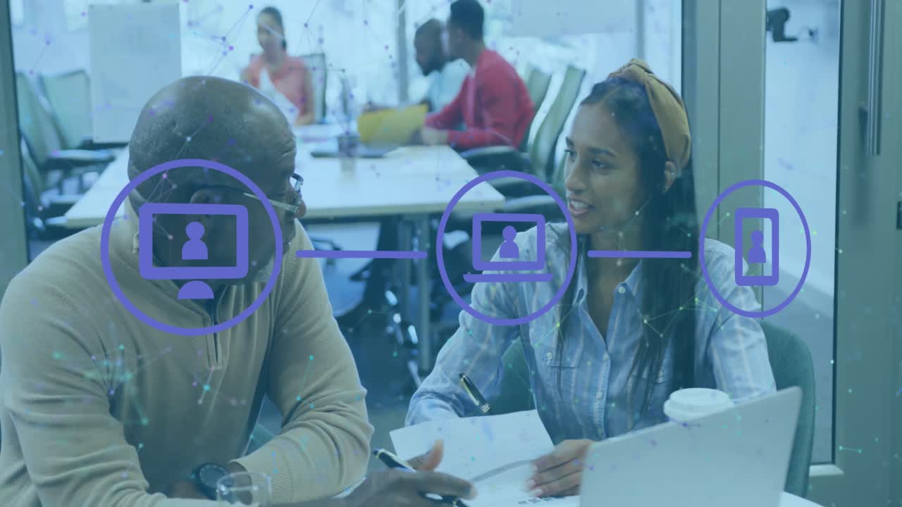 Animation of icons and data processing over diverse business people