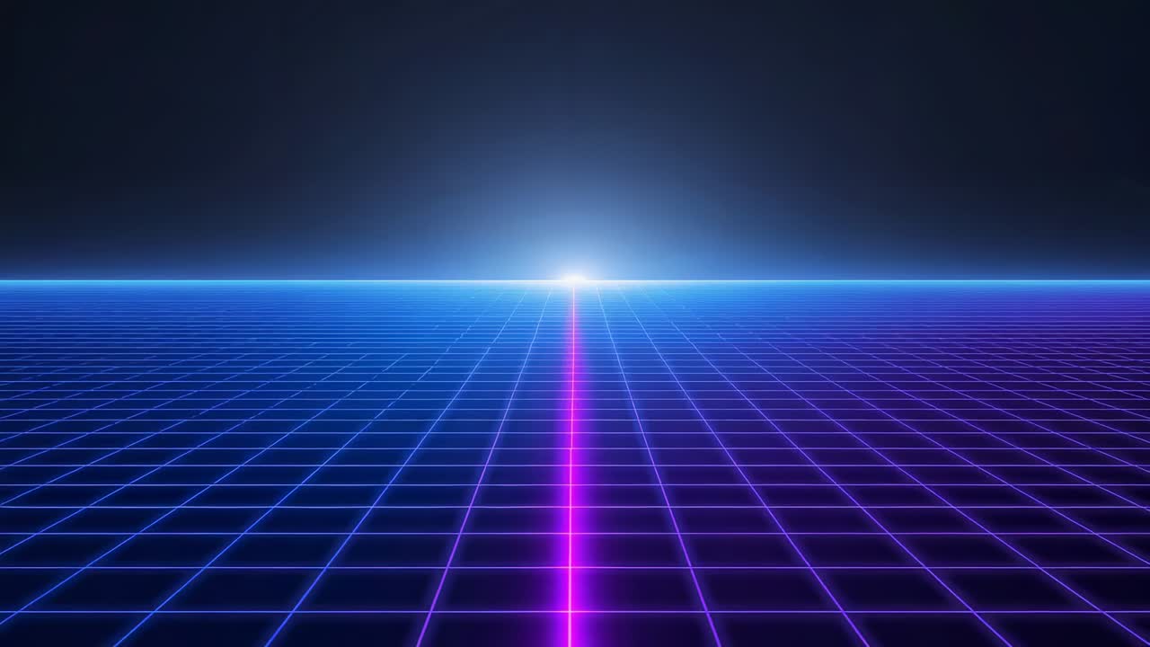 Griglia al neon estesa con linea guida magenta centrale che si muove verso il bagliore dell'orizzonte in una scena synthwave