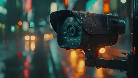 surveillance camera in the rain at night with city lights