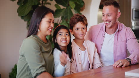 happy family, interracial and face in living room