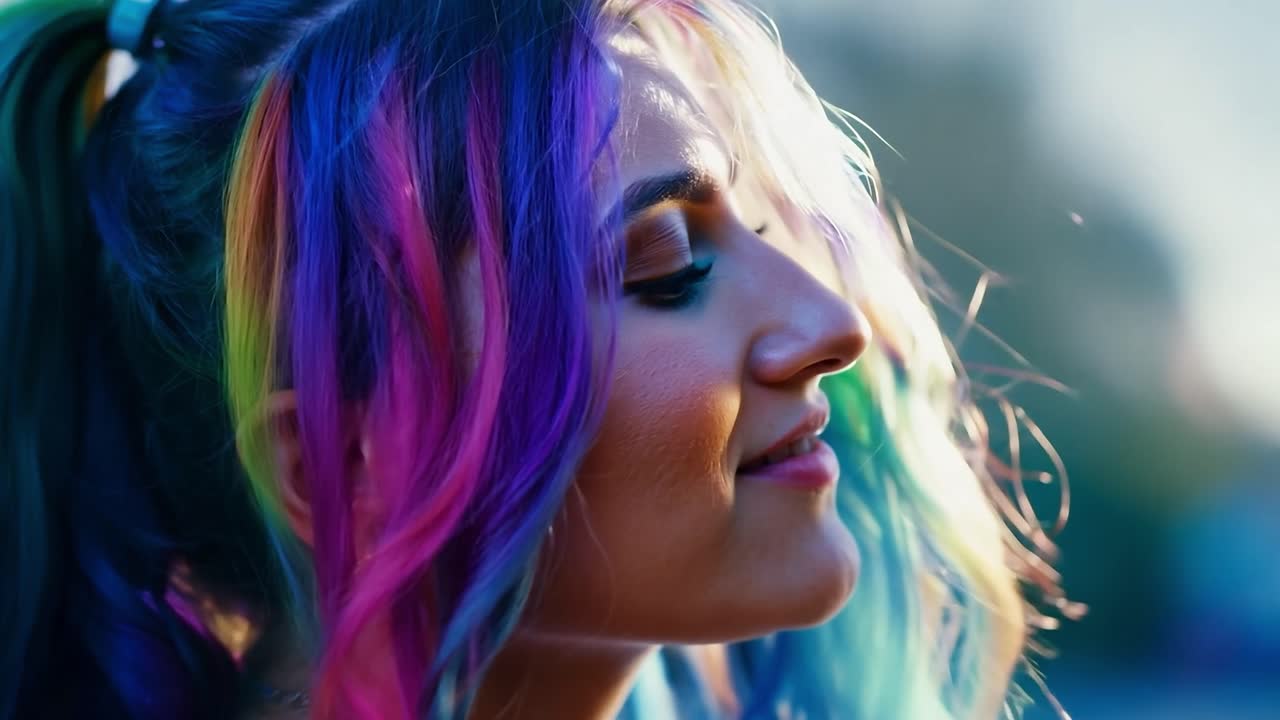 una mujer con cabello de arco iris mirando hacia otro lado.