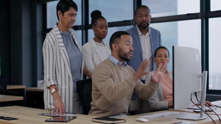 Business team, computer and angry of online glitch