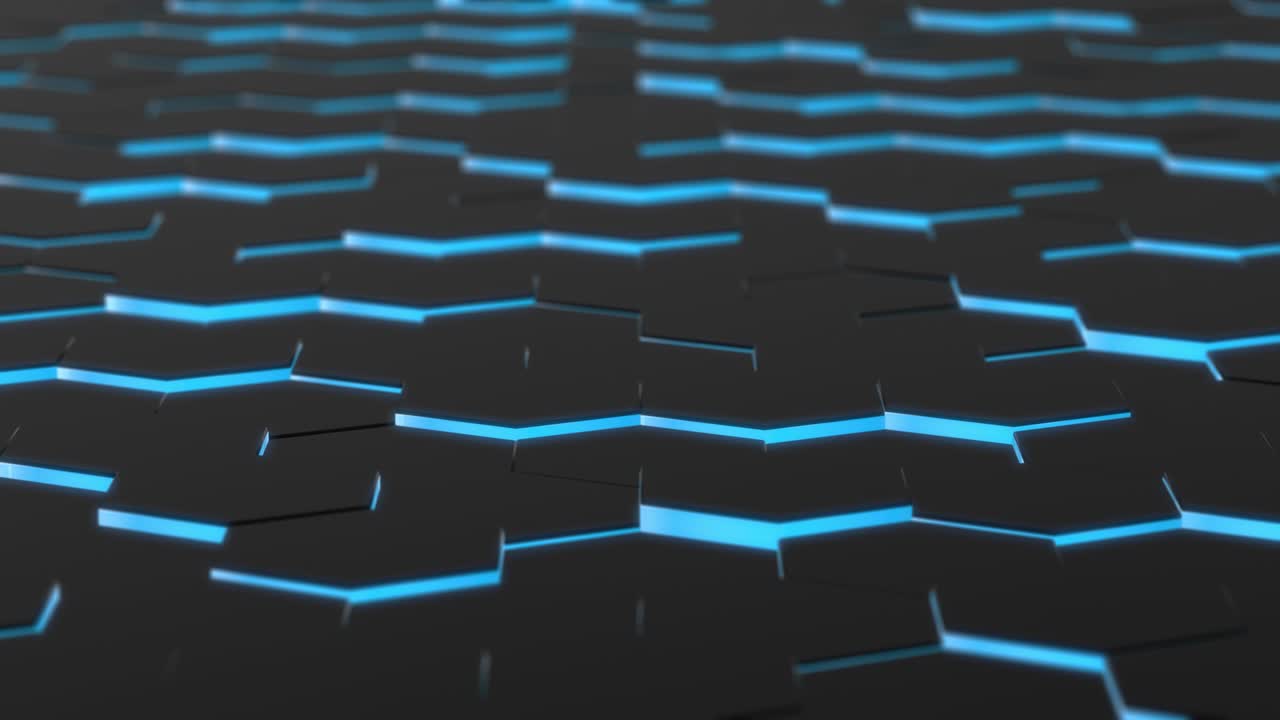 青いネオンの縁を持つ黒い六角形。抽象的な3Dアニメーション